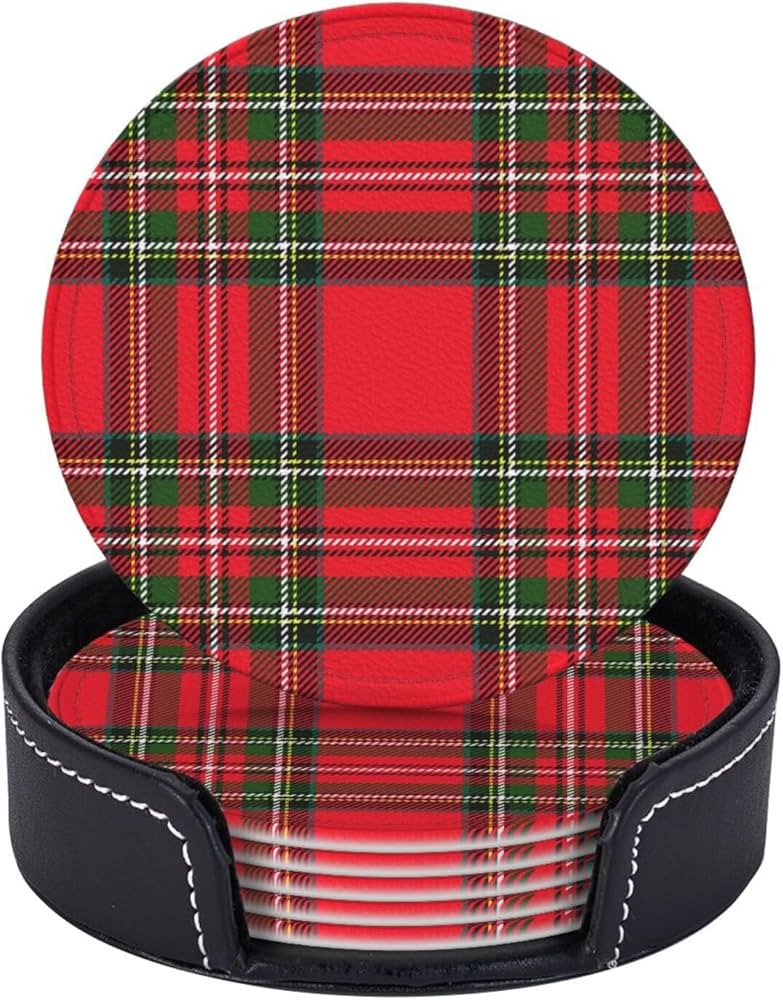 6 Pack Christmas Red Plaid Tartan Leather Coasters for Drinks with Holder Sets - New Year Cute He... | Amazon (US)