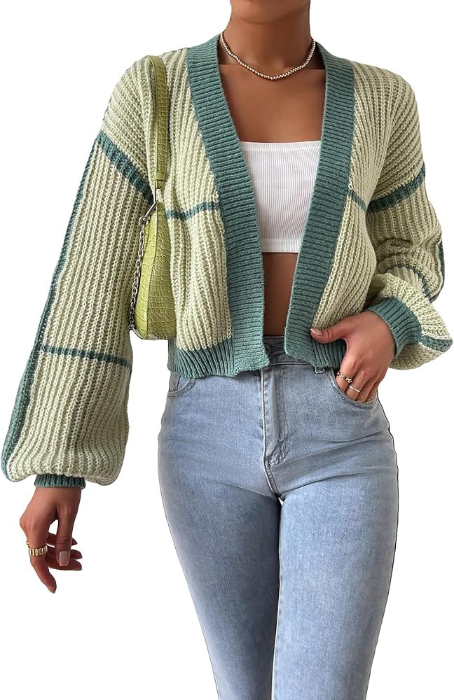 COZYEASE Women's Color Block Crop Cardigan Top Bishop Long Sleeve Open Front Sweater | Amazon (US)