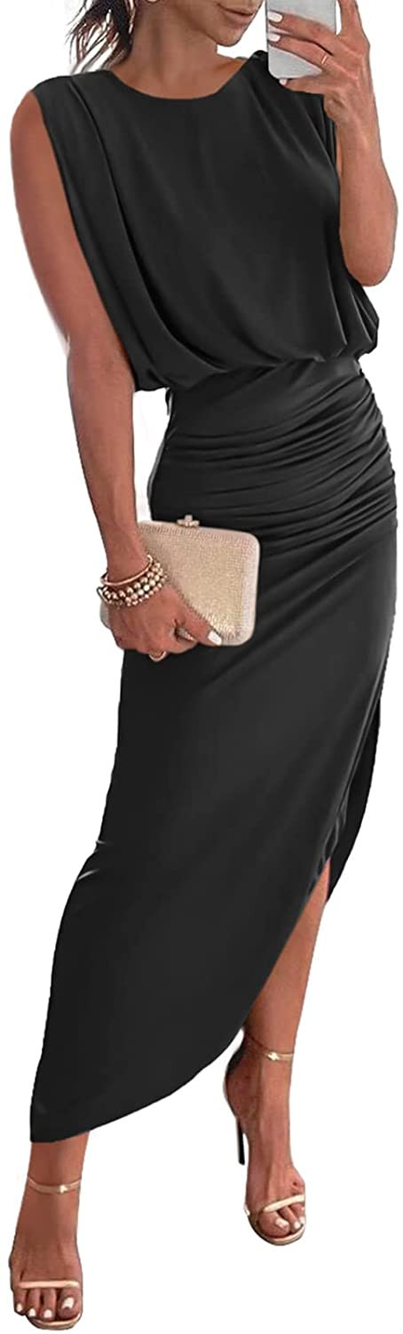 ANRABESS Women 2023 Summer Sleeveless Ruch Bodycon High Waist Asymmetric Slit Cocktail Maxi Dress | Amazon (US)