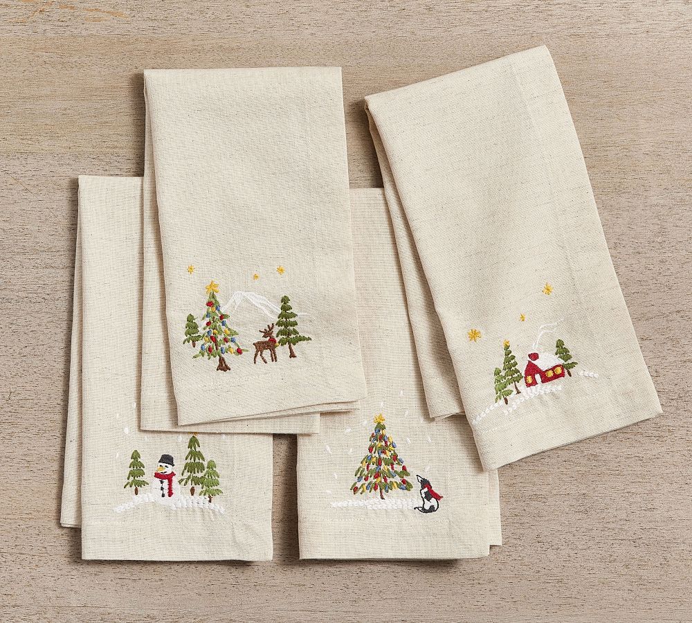 Christmas in the Country Embroidered Cotton/Linen Napkins - Set of 4 | Pottery Barn (US)