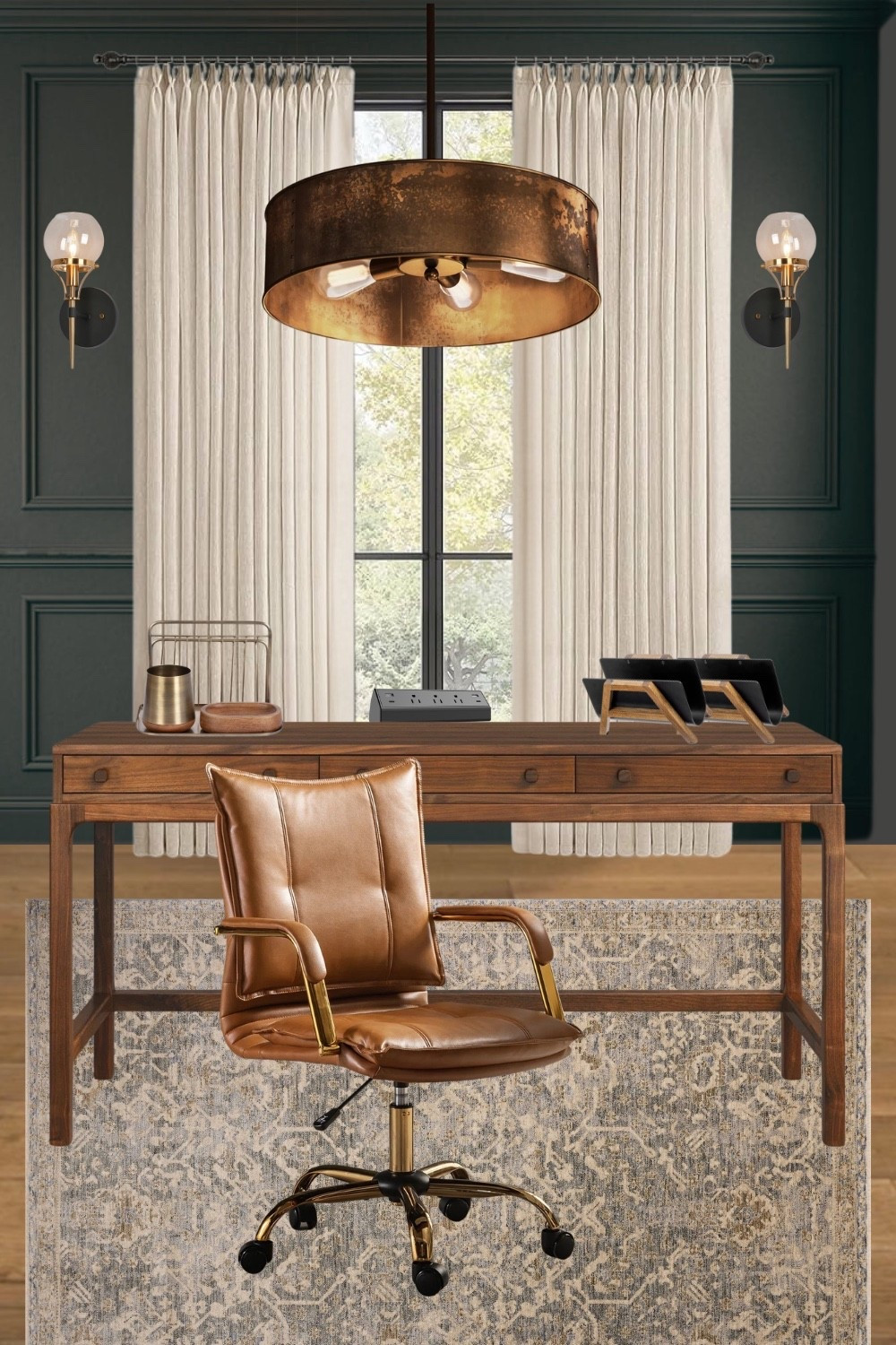 This small home office design came together around a color palette that always feels timeless to me… deep charcoal walls (similar to Iron Ore by SW) paired with warm wood and aged brass.

Instead of keeping an office bright and sterile, leaning into a darker tone like this can make the space feel more grounded and focused. 

The paneled charcoal walls create a dramatic backdrop while the warm wood desk and leather chair keep everything feeling inviting and classic.

I also love layering in lighting that feels a little elevated for a workspace. The oversized aged brass pendant and wall sconces add warmth while still keeping the design simple and uncluttered.

If you’ve been wanting to create a home office that feels calm, cozy, and a little bit sophisticated, these are some of my favorite pieces to bring that look together.

Everything in this design is linked below, along with some office organizational must haves to keep your office looking clean and sophisticated.

#LTKHome