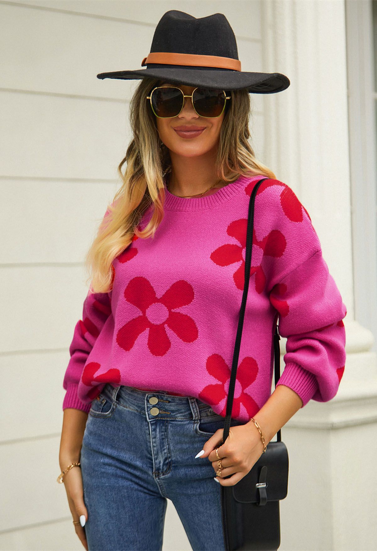 Cuteness Flowers Boxy Round Neck Knit Sweater in Hot Pink | Chicwish