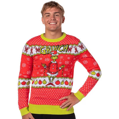 Dr Seuss GRINCH Men's Snowflakes Fair Isle Adult Holiday Ugly Sweater for Christmas (Large) Red | Target