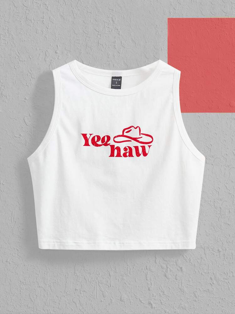 Morgan Mondays Co Artist Hat & Slogan Graphic Tank Top Yee Haw, For Summer, 95% Cotton, For Holid... | SHEIN