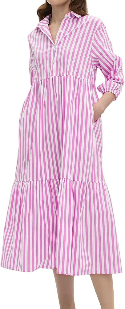 Womens Babydoll Striped Shirt Midi Dress Puff Long Sleeve Collared Button Tunic Flowy Swing Dress... | Amazon (US)