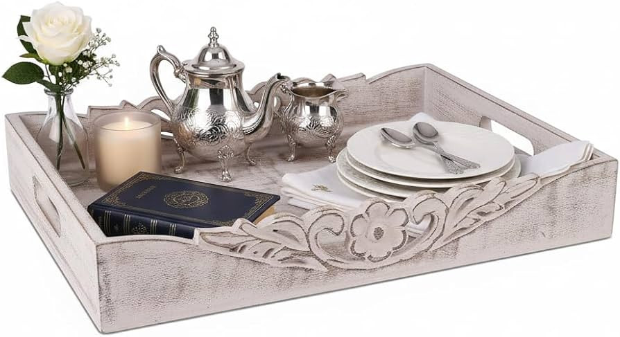 Mela Artisans Distressed White Wooden Decorative Tray with Handles | 16x12x2.5 Mango Wood Ottoman... | Amazon (US)