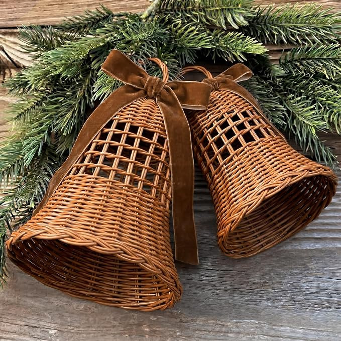 Blueweenly 2 Pcs Rattan Christmas Bells with Flocked Ribbon, Handmade 8-9'' | Amazon (US)