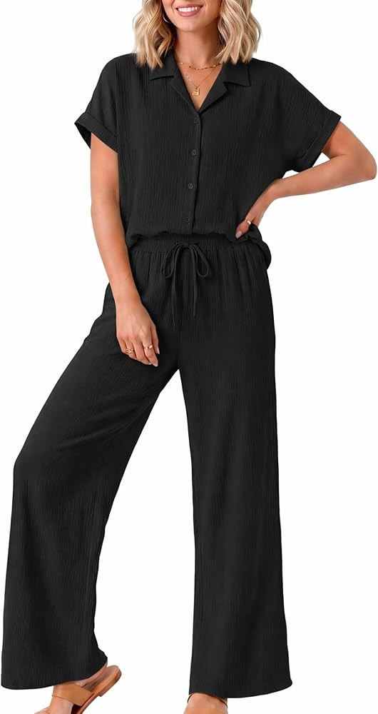 Casly Lamiit Two Piece Sets for Women Summer Beach Vacation Outfits Button Down Shirts Wide Leg P... | Amazon (US)