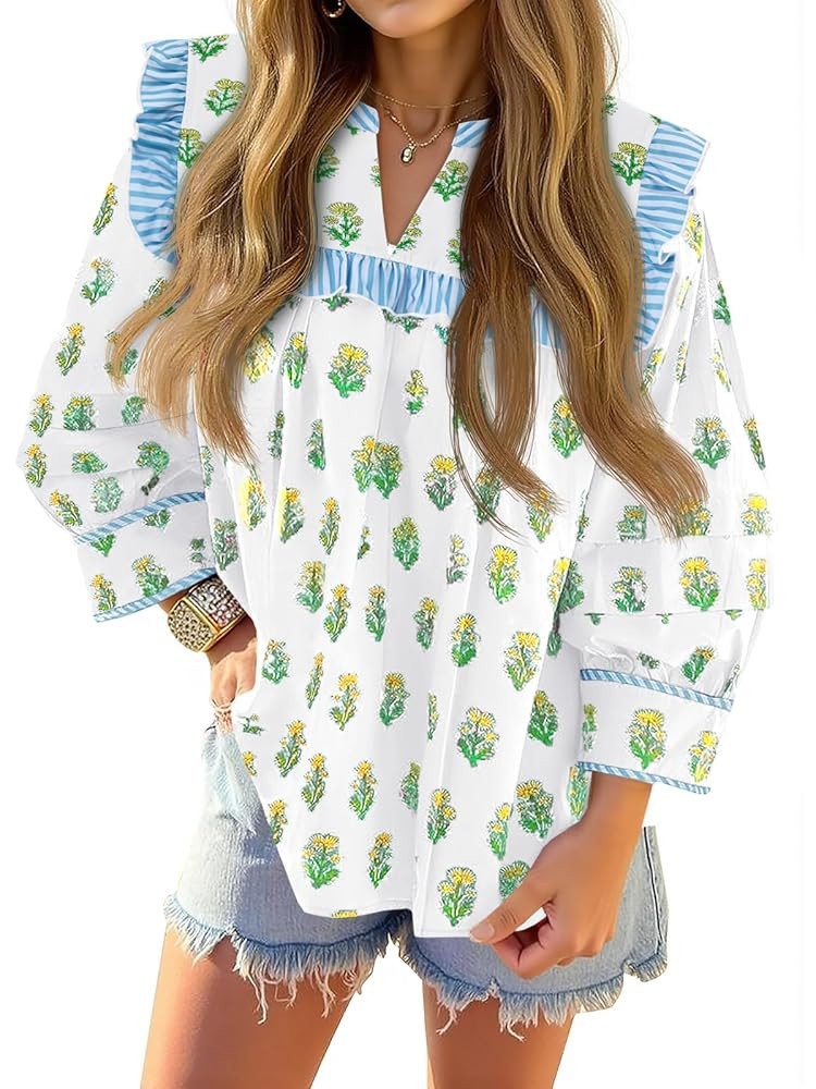 Tankaneo Womens Floral Babydoll Blouse Puff Sleeve Peplum Tops Casual Ruffle V Neck Flowy Boho Cu... | Amazon (US)