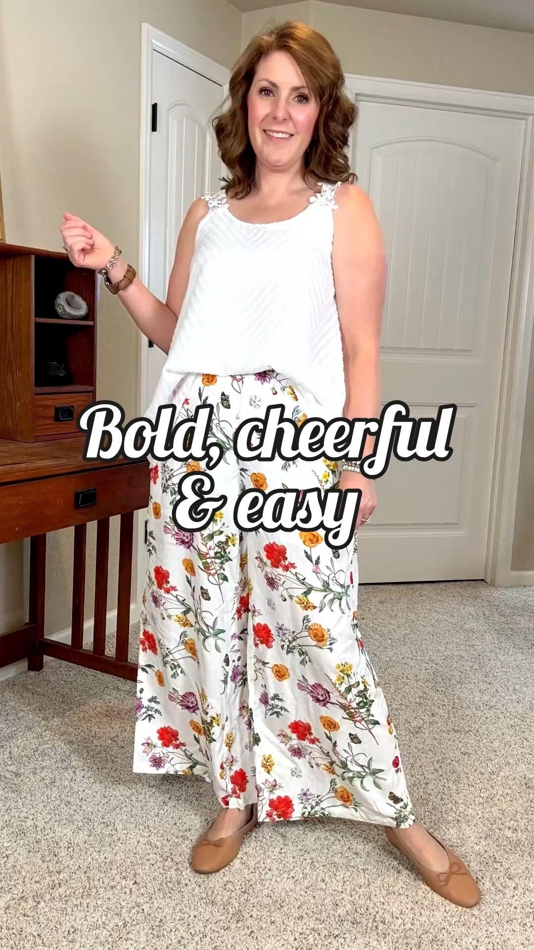 Some prints are meant to stand out.
These bold floral wide-leg pants make the whole outfit, and I paired them with a lightweight floaty top with delicate lace straps to soften the look. The mix of statement and feminine detail is what makes this one feel special.

#bloomchic #sponsored #simplysarashops #affordablefashion #classicstyle 