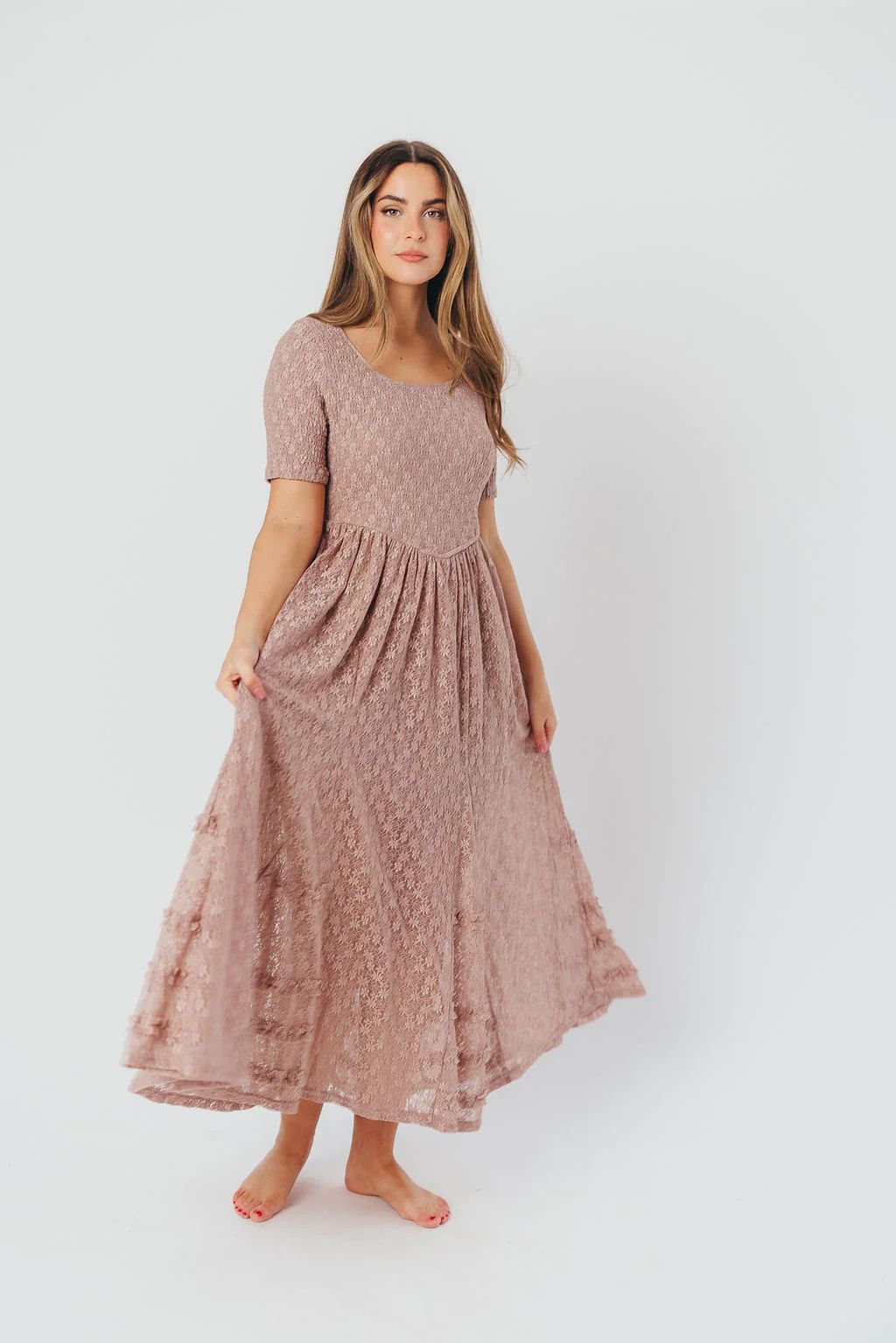 Calliope Dropped Waist Maxi Dress with Smocking & Lace in Mushroom | Worth Collective