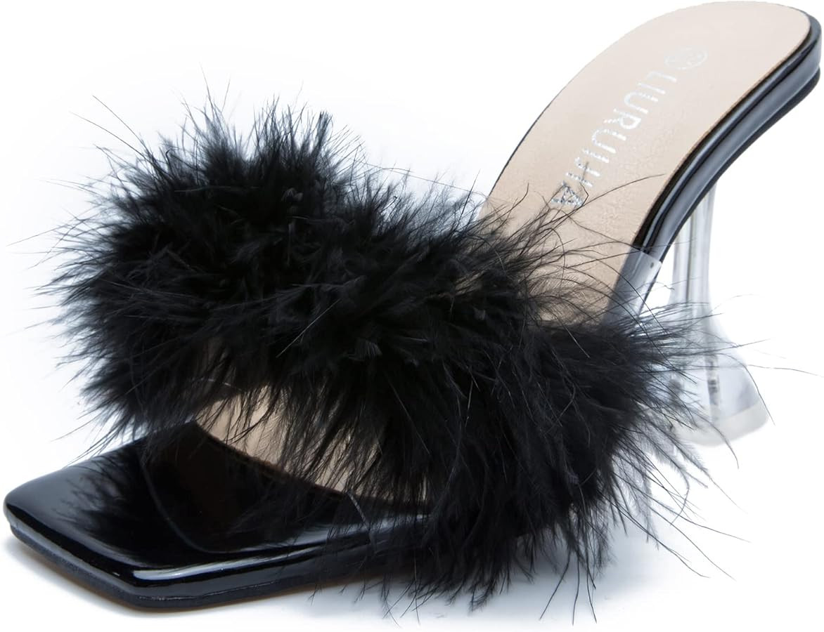 LIURUIJIA Women'S Square Toe Feathers High Heel Fur Mules Sandals Fuzzy Heels Fluffy Heels Weddin... | Amazon (US)