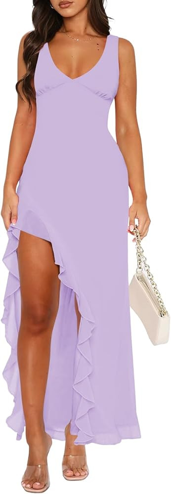 Women Sexy V Neck Sleeveless Mesh Ruffle Hem Bodycon Maxi Casual Backless High Slit Cocktail Part... | Amazon (US)