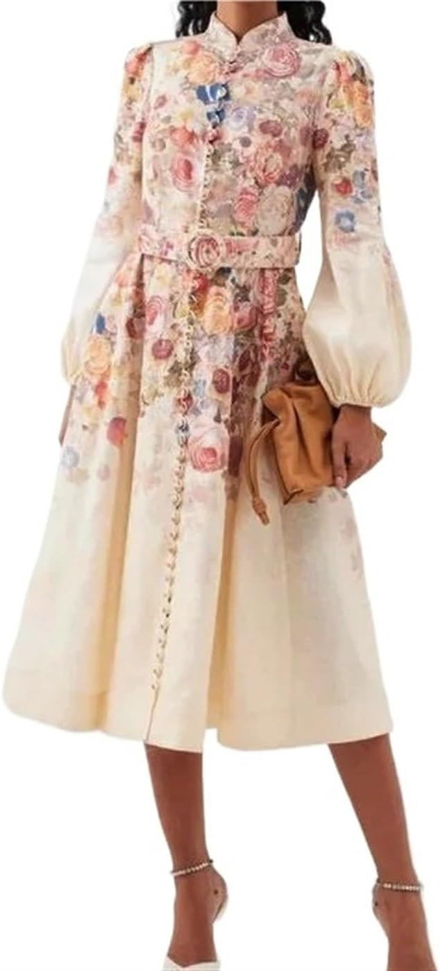 Elegant Floral Printed Dress Women Lantern Sleeve Single Breasted Dresses Female Summer Chic Stan... | Amazon (US)
