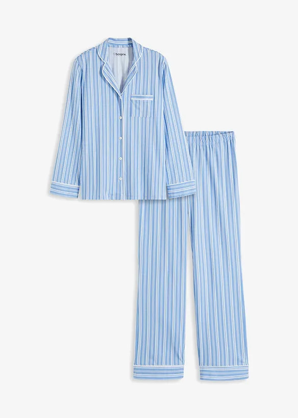 Langer Pyjama mit Streifen - mittelblau/weiß gestreift | bonprix | Bonprix DE