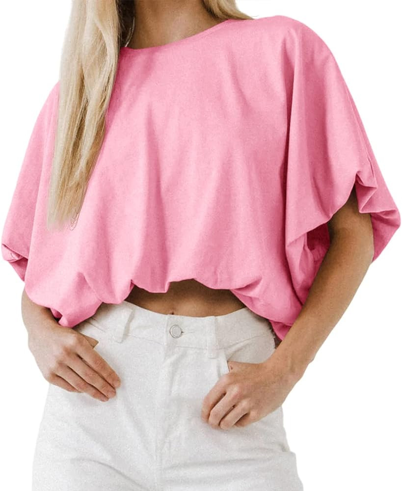 Womens Summer Crewneck Crop Tops Short Sleeve Casual Loose Cropped T Shirts | Amazon (US)