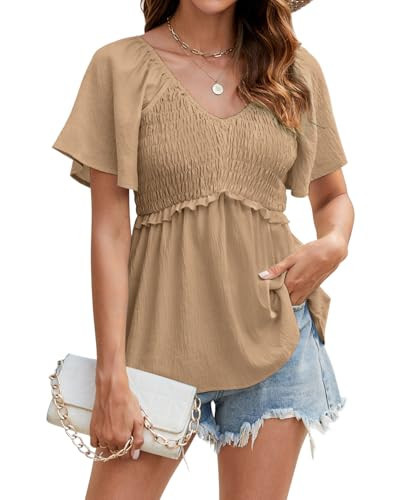 HEYTALALA Women's Summer Peplum Tops Ruffle Trim Short Sleeve Casual V Neck Smocked Blouses Dressy Shirt Coffee XL | Amazon (US)