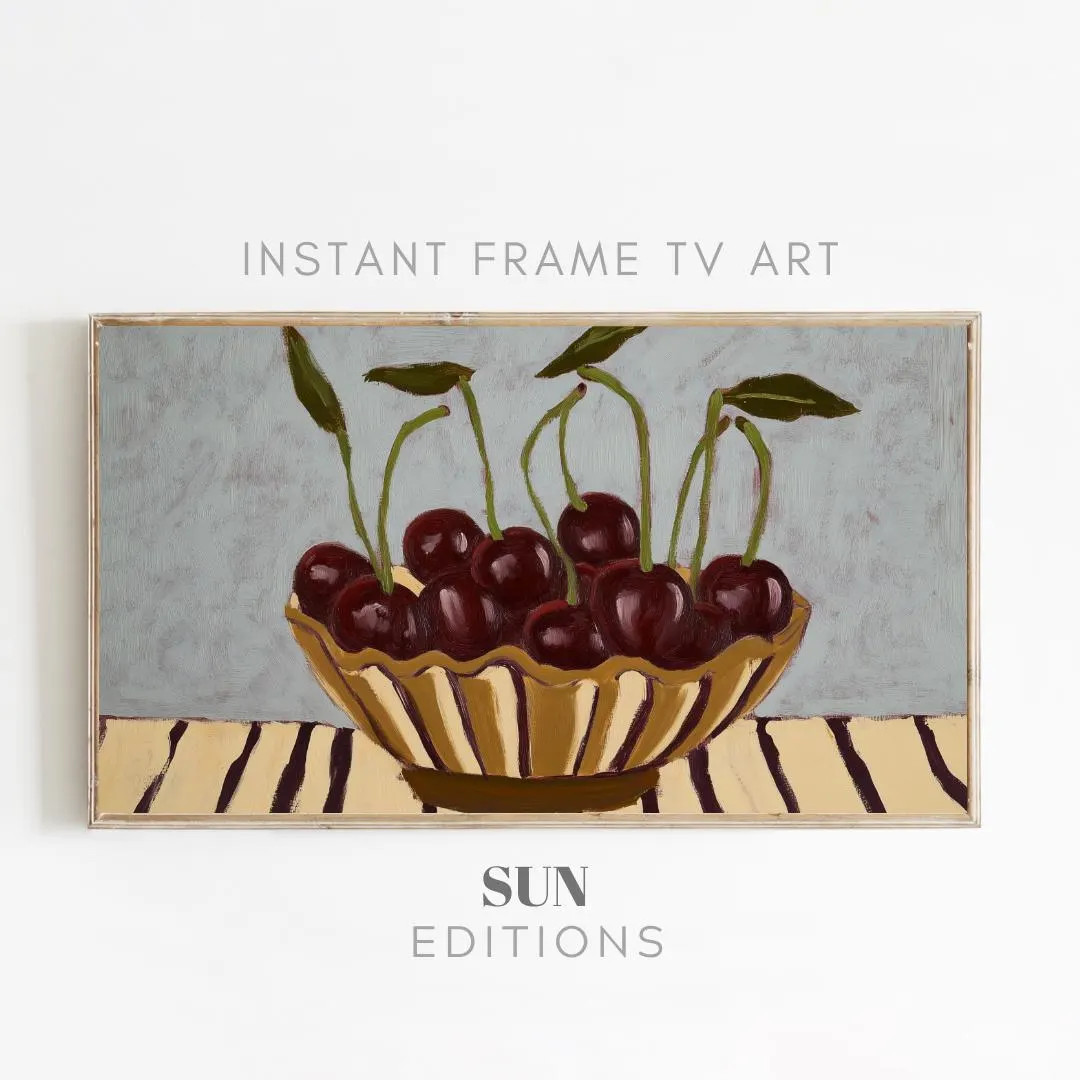 Cherries on Trendy Vase Striped Tablecloth Frame TV Art, Botanical TV Art, Abstract Vase Art, Tre... | Etsy (US)