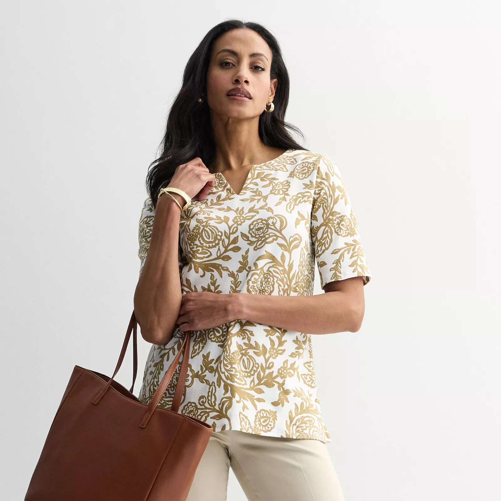 Women's Croft & Barrow® Elbow-Sleeve Splitneck Top, Size: XXL, White Stamped Paisley | Kohl's