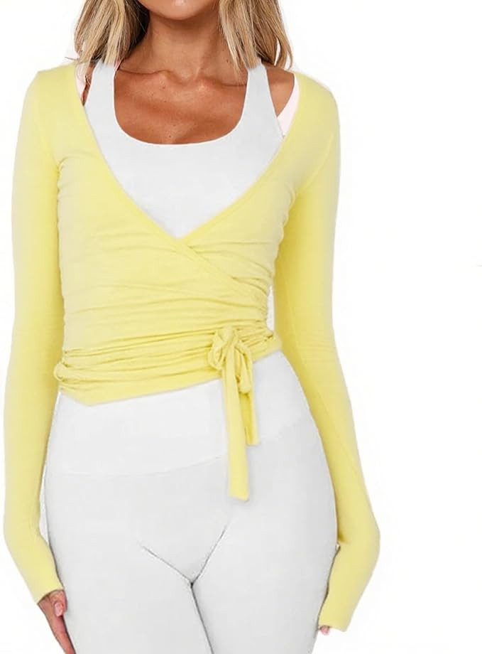 Women Ballet Wrap Top Long Sleeve Self Tie Dance Shirt Pilates Yoga Tops Y2k Workout Active Blous... | Amazon (US)