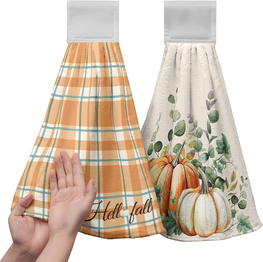 Fall Autumn Hanging Kitchen Towels Thanksgiving Pumpkin Hand Towel with Hanging Loop Vintage Chec... | Amazon (US)