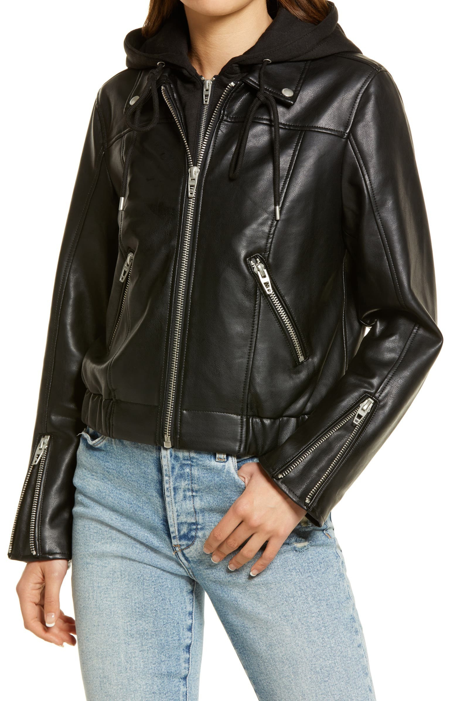 Faux Leather Bomber Jacket with Removable Hood | Nordstrom | Nordstrom