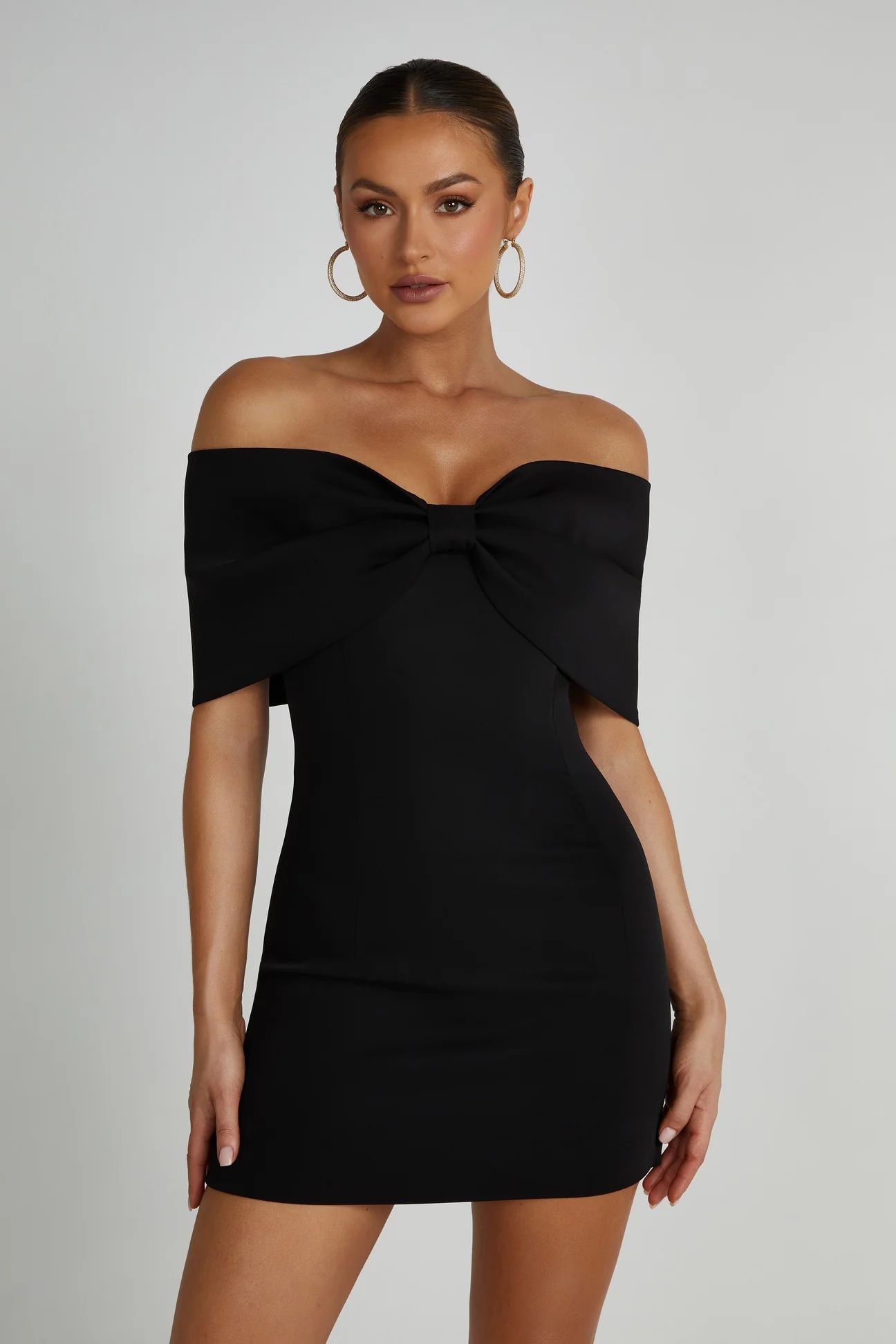 Gwyneth Off Shoulder Bow Mini Dress - Black | MESHKI US