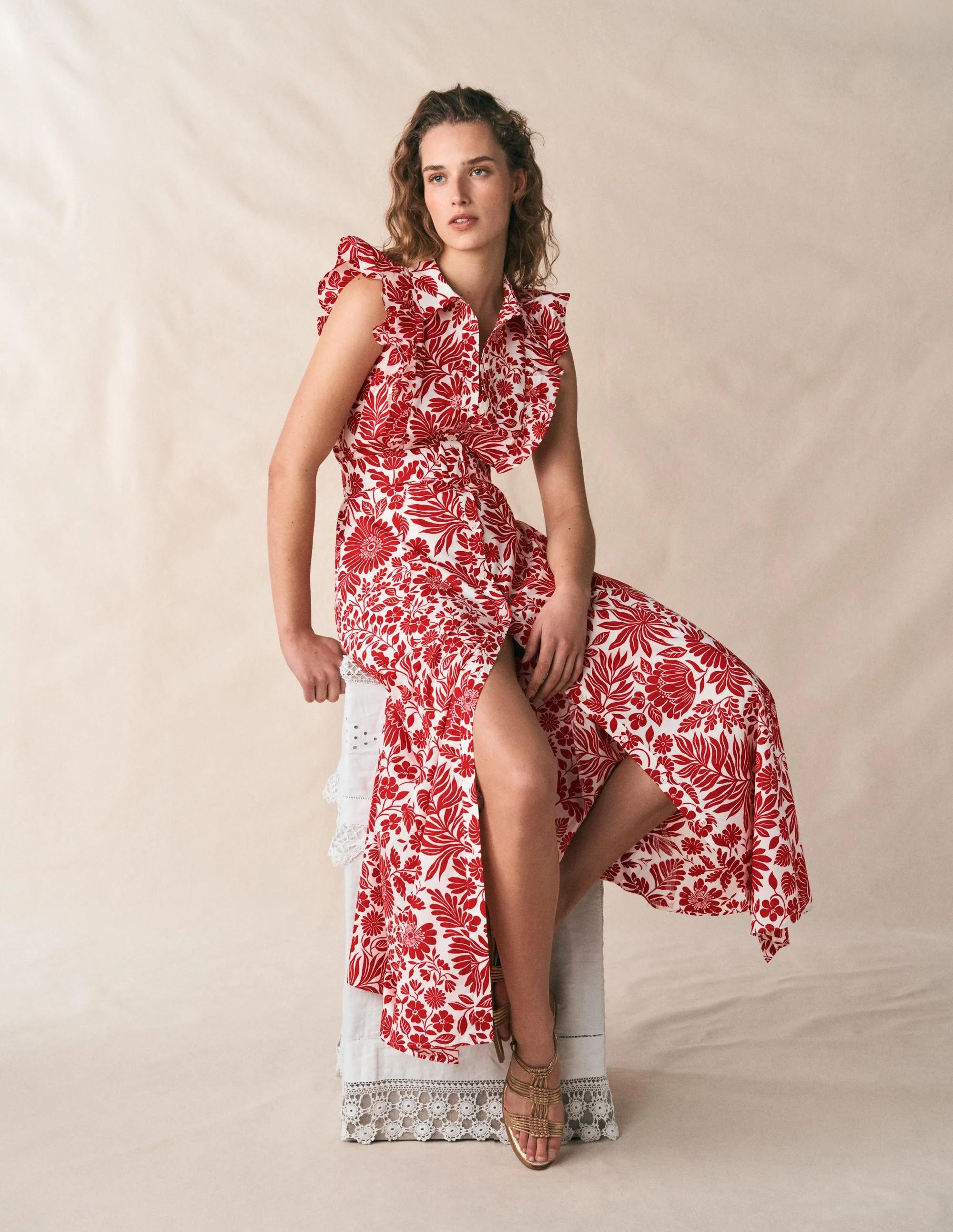 Ruffle Bodice Shirt Dress-Merida Red, Flowerbed Bloom | Boden (US)