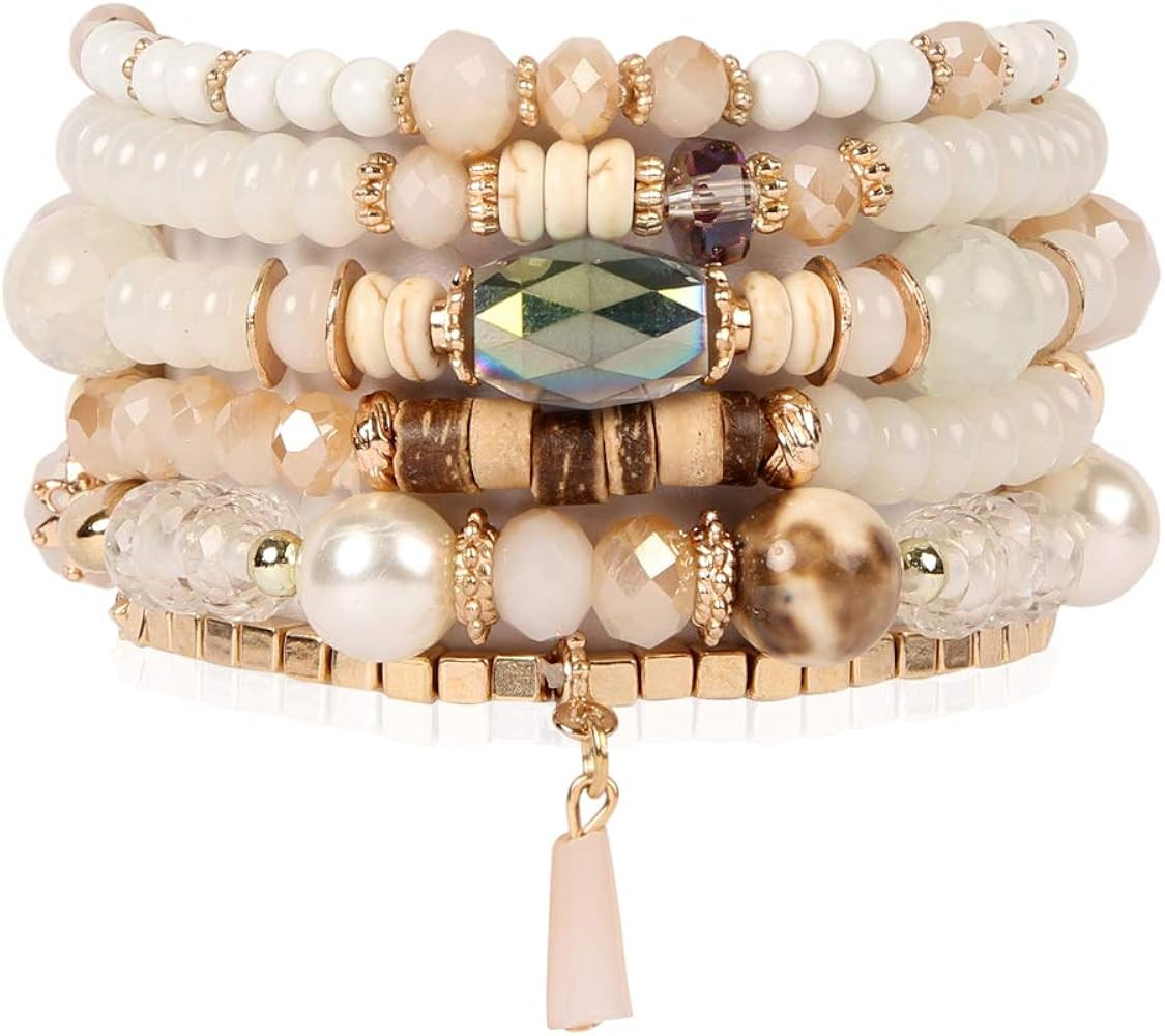 RIAH FASHION Bead Multi Layer Versatile Statement Bracelets - Stackable Beaded Strand Stretch Ban... | Amazon (US)