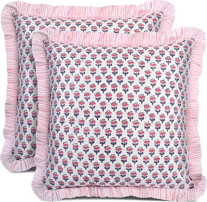 CPC Pink Sapphire Ruffle Throw Pillow Covers for Couch, 24x24 Inch Cotton Stripe Ruffle Couch Pil... | Amazon (US)
