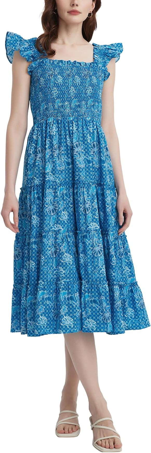 Women's Floral Smocked Midi Dress Square Neck Ruffle Strap Sleeveless Flowy A-Line Long Beach Sun... | Amazon (US)