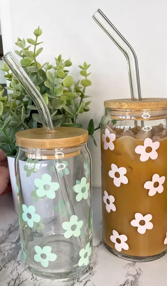 Retro Flowers Beer Can Glass Iced Coffee Glass Can Glass 