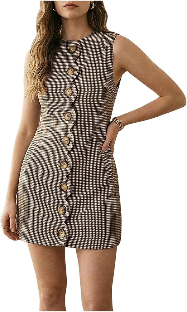 Women's Houndstooth Button Down Dress Old Money Sleeveless Mini Business Casual Dresses with Pockets | Amazon (US)