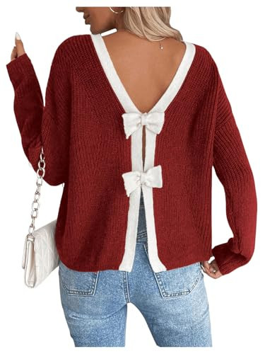 GORGLITTER Women's Bow Sweater Open Back Long Sleeve Knitted Colorblock Pullover Trendy Fall Fahion 2025 Red X-Small | Amazon (US)