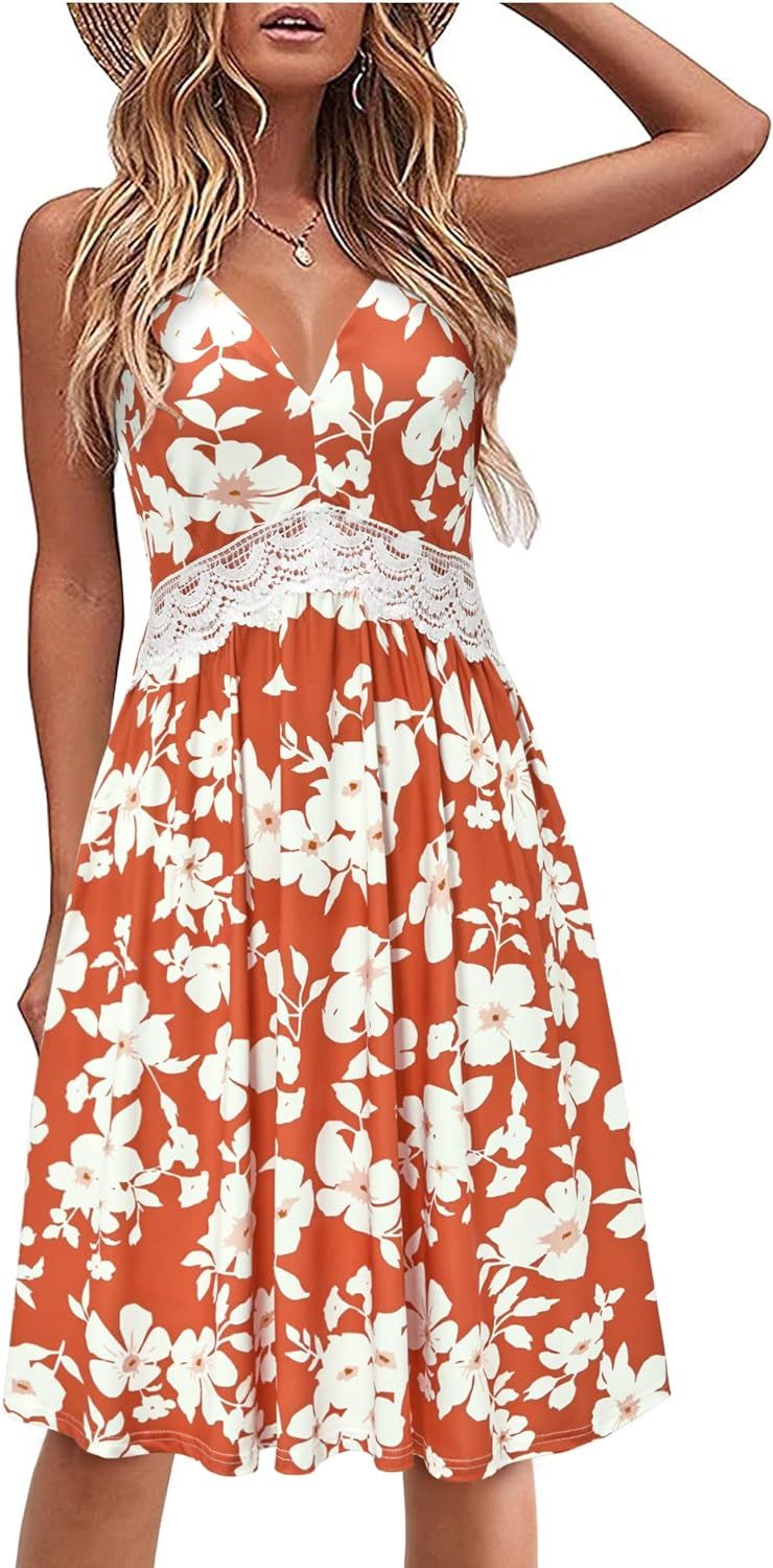 LAISHEN Women's 2023 Summer Beach Dress Floral Spaghetti Strap V Neck Lace Flared Casual Sundress | Amazon (US)