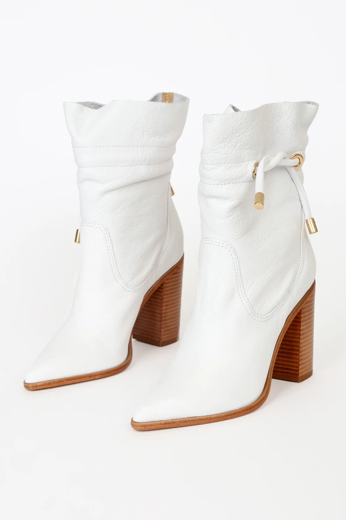 Evis Bright White Burned Leather Pointed-Toe Tie-Shaft Booties | Lulus (US)