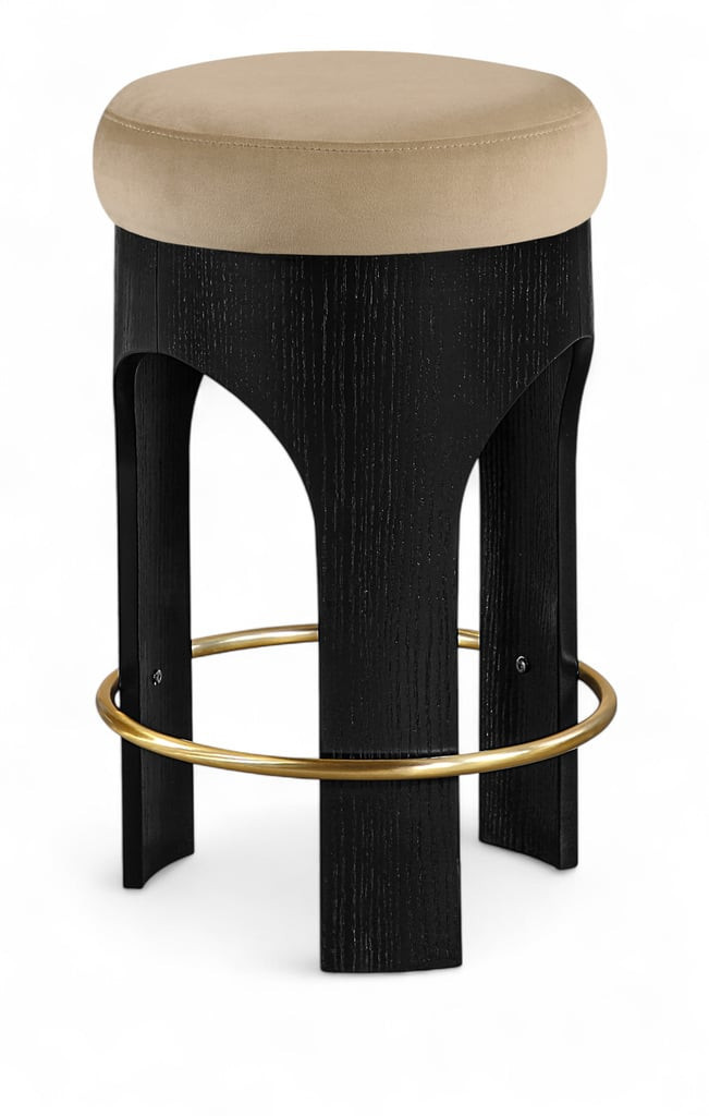 Meridian Bocceli Velvet Upholstered Counter Stool in Beige and Brushed Brass