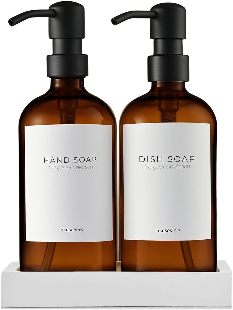 MaisoNovo Glass Soap Dispenser Set | Amber Bottles Black Pumps Set of 2 | Amazon (US)