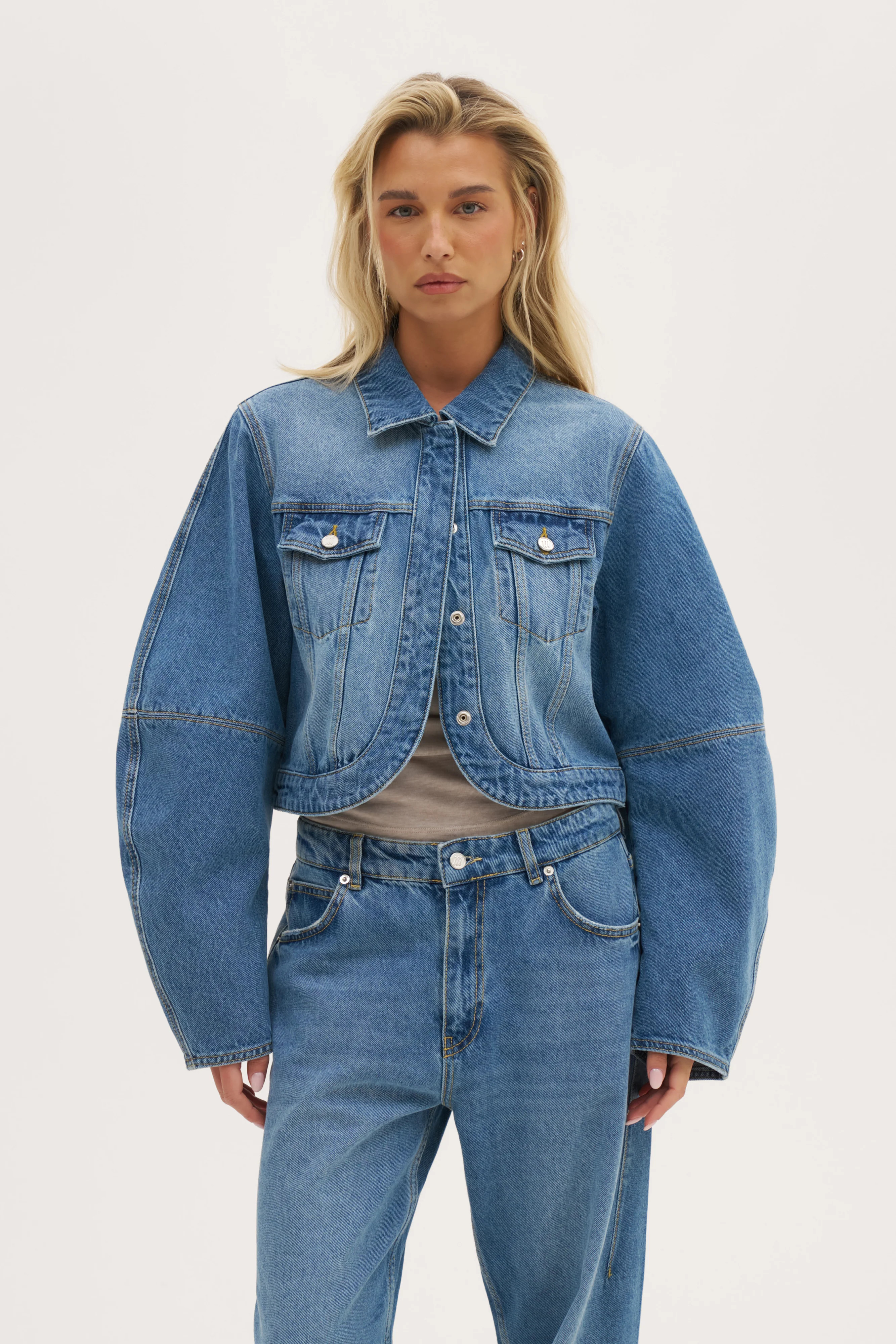 Barrel Sleeve Denim Jacket - Mid Blue | Maebe