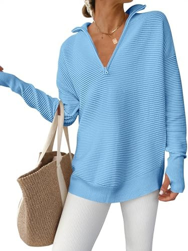 ANRABESS Womens Long Sleeve Quarter Zip Pullover Sweater Casual Loose V Neck Collared Ribbed Knit... | Amazon (US)