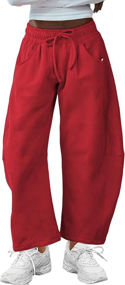 Hongsui Women's Barrel Leg Pants Elasticated Waistband Soft Wide Leg Pants with Pockets Casual Sw... | Amazon (US)