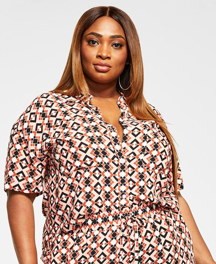 Nina Parker Trendy Plus Size Button-Front Cropped Top, Created for Macy's & Reviews - Tops - Plus... | Macys (US)