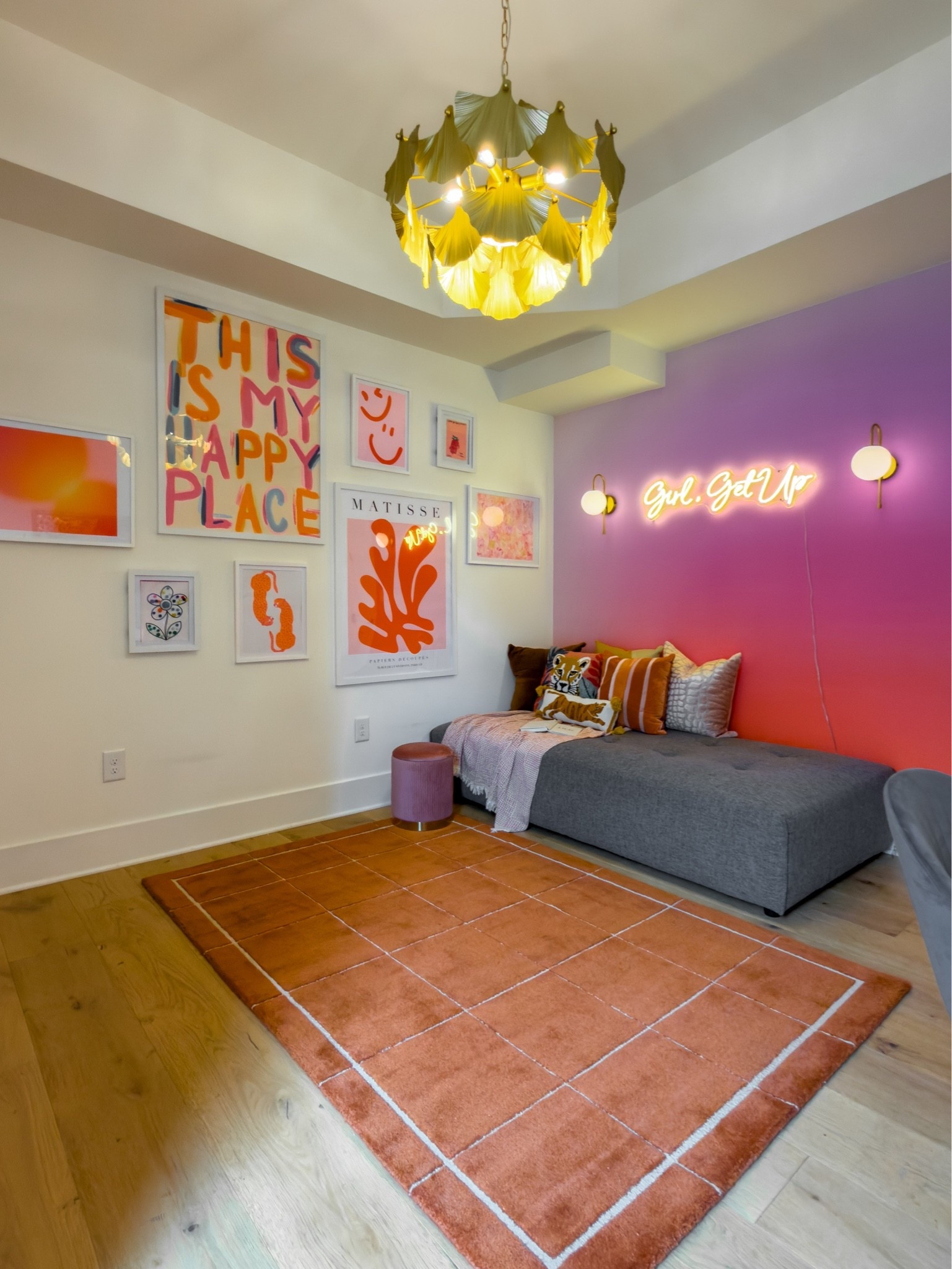 “Girl, get up.” ✨ …because your home office should inspire you to do exactly that. Designed for the woman who needs a space that matches her energy. 

This room is now a colorful, personality-packed creative retreat designed for work, content creation, self-care nights, cozy reading sessions, mid-day naps, and a glass of wine after a long day. 

Our client wanted whimsical, vibrant, “girly-pop” energy that still felt elevated and functional for her growing brand, so we layered in:
 ✿ a custom neon sign inspired by her signature catchphrase ✿ playful art + dopamine color moments ✿ a cozy lounge zone for reading, relaxing, and resetting ✿ a feminine workspace designed to spark creativity ✿ lighting that makes the whole room glow day and night

Now this space feels like HER. Bold, motivating, joyful, and unapologetically fun.

#LTKselfcare #LTKmomlife #LTKdayinmylife