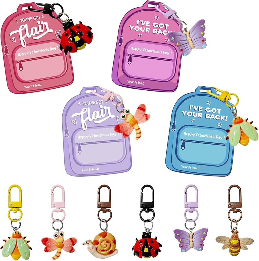 24 PCS Valentine Day Gifts Cards with Cute Fun Animals Insect Keychains for Kids Non Candy Valent... | Amazon (US)