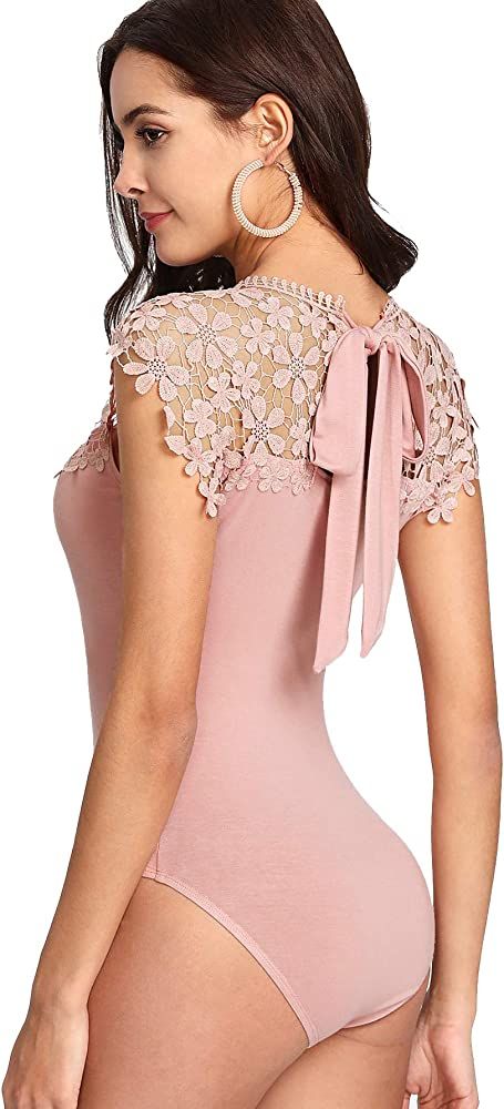 DIDK Women's Sheer Floral Lace Bow Knot Back Bodysuit | Amazon (US)