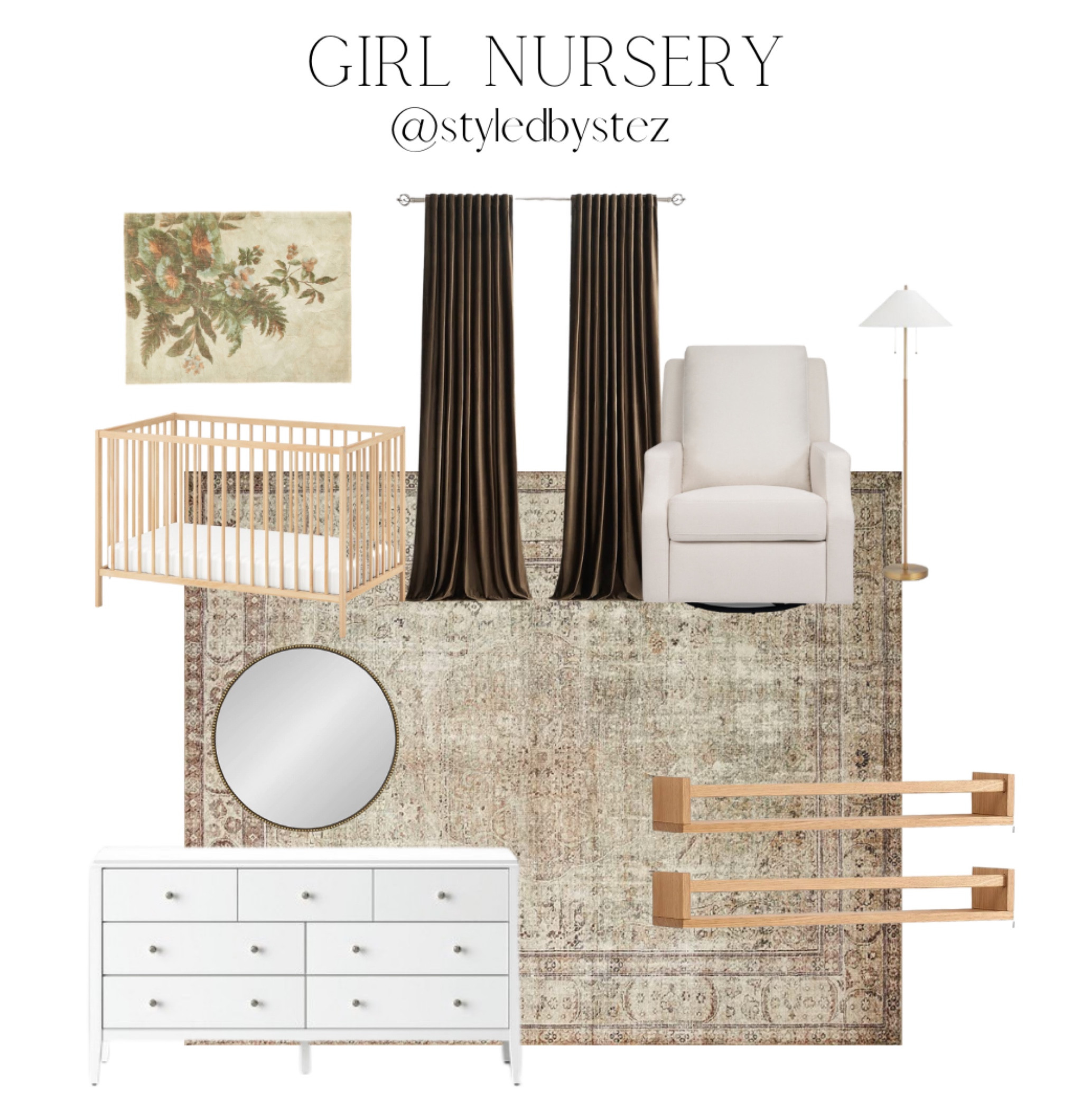 Girl nursery, baby, rug, brown curtains, tapestry, crib, nursery shelves, white dresser, nursery recliner, nursery glider

#LTKbaby #LTKhome