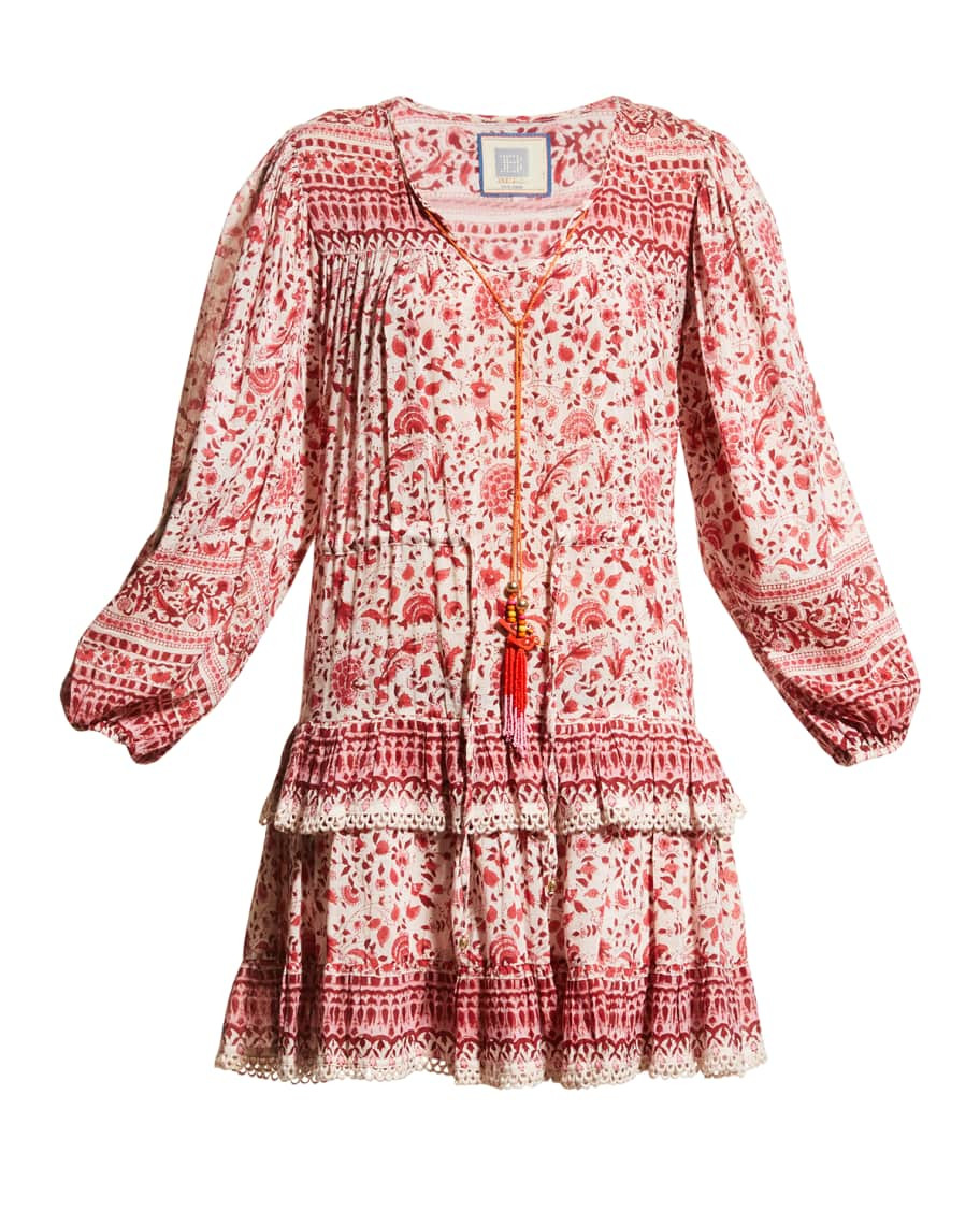 Alicia Bell Ari Floral-Print Tiered Mini Dress w/ Tassel | Neiman Marcus