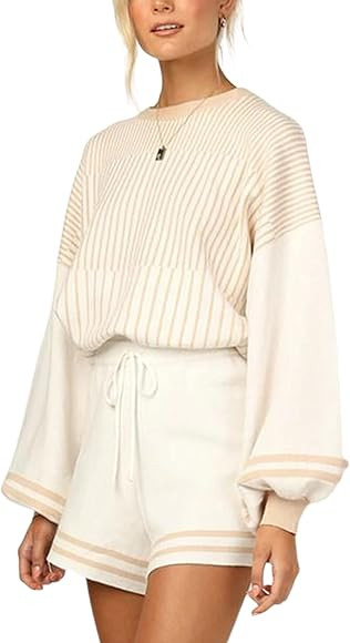 Himosyber 2 Piece Outfits For Women Striped Knitted Lounge Sweater and Short Set Sweatsuit | Amazon (US)