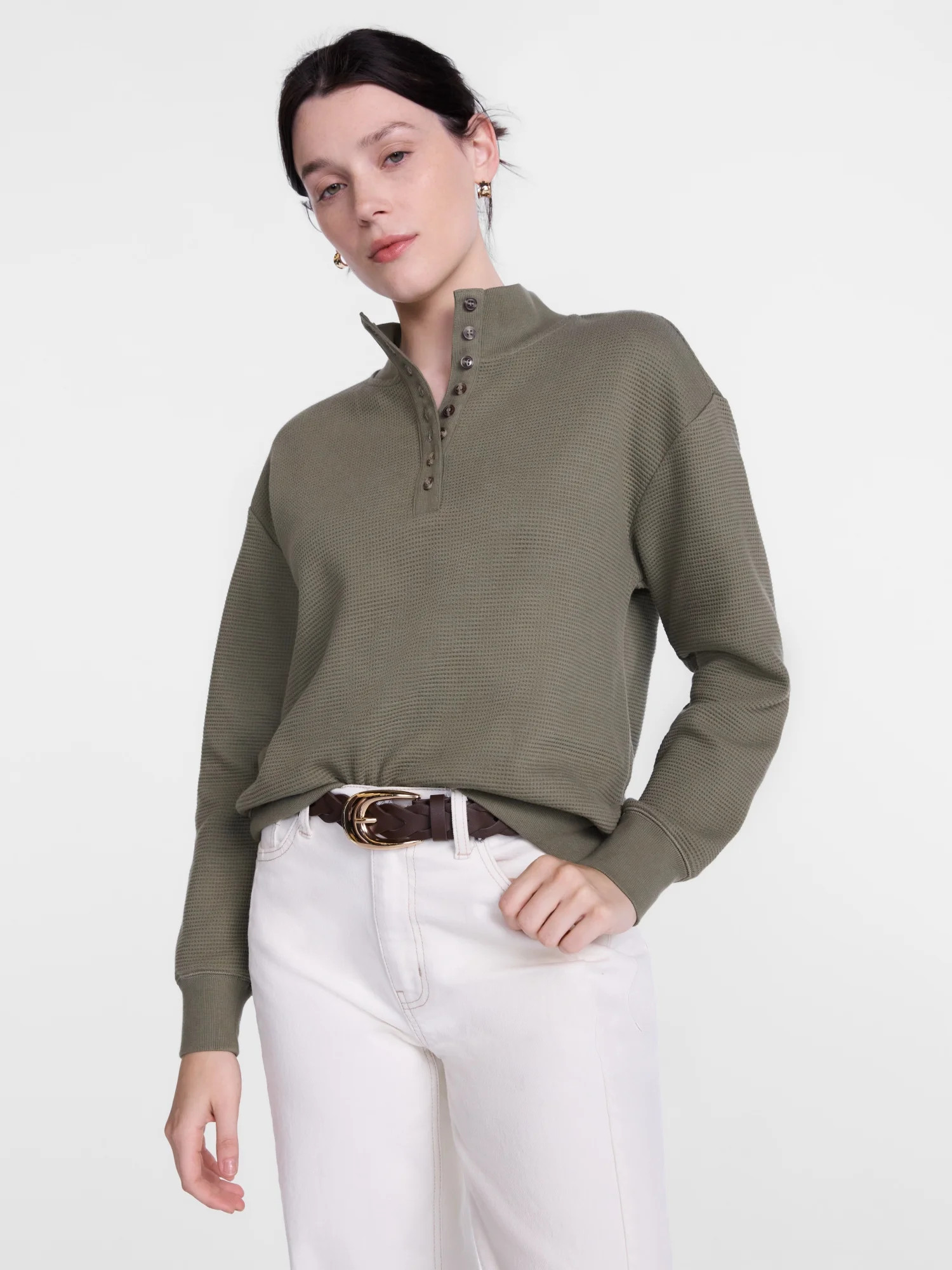 Scenario Women's and Women's Plus Waffle Knit Button Top with Long Sleeves, Sizes XS-4X | Walmart (US)