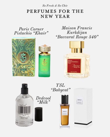New to me perfumes for the New Year! I’ve been on a scent kick lately and I’ve got two on hand and am waiting for two to ship.
- Pistachio “Khair” is sweet with a hint of almonds and lasts so long! - Baccarat Rouge 540 is an absolute cult classic now and so delicious ALTHOUGH I wish it lasted longer on me! The tester was incredibly powerful and I could smell it for days but the actual fragrance fades so fast. Disappointed for the price tbh which is $$$$!
- Dedcool Milk is supposed to be a “skin scent”. I’ve never owned one before and I’m so curious! It has incredible reviews!
- Lastly, YSL Babycat. I had to eBay this as it seems to be discontinued in North America. It’s meant to be a yummy and sophisticated vanilla. 
-
Perfume collection - baccarat rouge - skin scent - work from home - long lasting perfumes - Arabic perfumes - Paris corner - Amazon perfumes - fragrance collection 

#LTKbeauty #LTKstyletip #LTKwedding